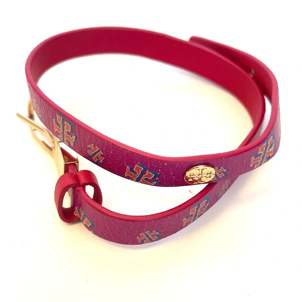 Tory Burch- Crazy Logo Pink Double Wrap Leather Buckle Bracelet